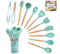 Kitchen Utensil Set, 12 PCS Silicone Cooking Utensils Set with Wooden Handle, Heat Resistant, Nonstick Cookware Tongs Spatula Spoon Set, Silicone Kitchen Utensils Set Suitable for Kitchen(Dark Green)