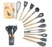 Kitchen Utensil Set, 12 PCS Silicone Cooking Utensils Set with Wooden Handle, Heat Resistant, Nonstick Cookware Tongs Spatula Spoon Set, Silicone Kitchen Utensils Set Suitable for Kitchen(Dark Grey)