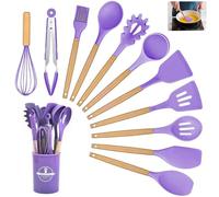 Kitchen Utensil Set, 12 PCS Silicone Cooking Utensils Set with Wooden Handle, Heat Resistant, Nonstick Cookware Tongs Spatula Spoon Set, Silicone Kitchen Utensils Set Suitable for Kitchen(Purple)