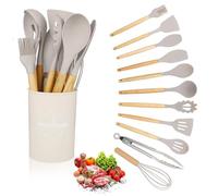 Kitchen Utensil Set 12 PCS Silicone Cooking Utensils Set with Wooden Handle Non-Stick Cooking Spoons Utensil Sets Silicone Kitchen Utensils Set Heat Resistant Kitchen Tools (Khaki)