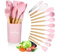 Kitchen Utensil Set 12 PCS Silicone Cooking Utensils Set with Wooden Handle Non-Stick Cooking Spoons Utensil Sets Silicone Kitchen Utensils Set Heat Resistant Kitchen Tools Heat Resistant Set (Pink)