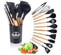 Kitchen Utensil Set 12 PCS Silicone Cooking Utensils Set with Wooden Handle Non-Stick Cooking Spoons Utensil Sets Silicone Kitchen Utensils Set Heat Resistant Kitchen Tools Heat Resistant Set (Black)