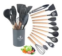 Kitchen Utensil Set 12 PCS Silicone Cooking Utensils Set with Wooden Handle Non-Stick Cooking Spoons Utensil Sets Silicone Kitchen Utensils Set Heat Resistant Kitchen Tools (Dark Gray)
