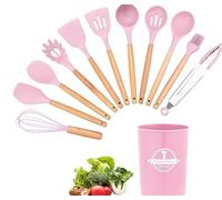 Kitchen Utensil Set, 12 PCS Silicone Cooking Utensils with Holder, Natural Wooden Handle Cookware Tongs Spatula Spoon Set Silicone Cooking Utensils Set with Wooden Handle(Pink)