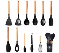 Kitchen Utensil Set 12 PCS, Silicone Cooking Utensils with Holder, Resistant Wooden Handle Cookware Tongs Spatula Spoon Set, Non Stick & Heat Resistant, Dishwasher Safe