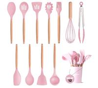 Kitchen Utensil Set - 12 PCS Wooden Silicone Cooking Utensils, Heat Resistant Nonstick Cookware Tools Spatula Spoon Turner Ladle Tongs Brush Holder Sets (Wooden Pink)