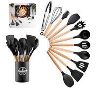 Kitchen Utensil Set, 12 Pieces Non-Stick Heat Resistant Wooden Handle Cooking Cutlery with Utensil Holder, Wooden Handle Kitchen Utensils, Silicone Kitchen Utensils, Cookware, Dishwasher Safe (Black)