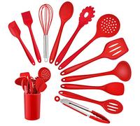 Kitchen Utensil Set, Homikit 12 Piece Cooking Utensils, Silicone Kitchen Utensils Set with Holder, Heat Resistant Kitchen Tools Include Spoons Turner Spatula Ladle Tong for Non-Stick Cookware, Red