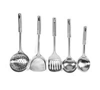 Kitchen Utensil Set Stainless Steel 5Pcs Multi Functional Cooking Tools Spoon Spatula Colander Flat Shovel Soup Spoon for Home Kitchen Professional Chefs Silver 363g