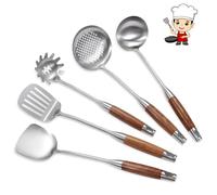 Kitchen Utensil Set Stainless Steel, 5PCS Spatula Set with Wooden Handle | Slotted Spoon, Slotted Spatula, Wok Spatula, Pasta Spoon, Soup Ladle, Kitchen, Cooking, Soup, Pasta