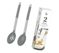 Kitchen Utensil Spoon Pair Silicone Cooking and Serving Spoon Set with Loop End Handles for Everyday Meals Kitchen Cooking Slotted Serving Silicone Utensil Pair Metal Handle Loop Handle Soup Stirring