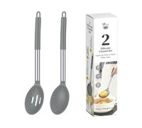 Kitchen Utensil Spoon Pair Silicone Cooking and Serving Spoon Set with Loop End Handles for Everyday Meals Kitchen Cooking Slotted Serving Silicone Utensil Pair Metal Handle Loop Handle Soup Stirring