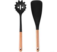 Kitchen Utensils for Black/White Serving - Set Pasta Spoon Cooking Wood-Handle Heat-Resistant Easy-Clean Paddle - Silicone Rice Ergonomic Plus(Black)