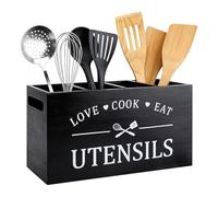 Kitchen Utensils Holder, 4 Compartment Wood Cutlery Holder with Drainage Bottom Removable Divider, Farmhouse Utensil Organiser Cutlery Caddy, Wooden Cooking Tools Storage for Countertop (Black)