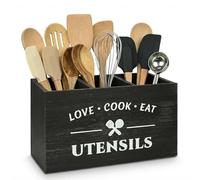 Kitchen Utensils Holder - Black Utensil Holder Cooking Utensil Organizer with 3 Compartment Drainage Bottom, Wooden Cutlery Storage Holder Farmhouse Cutlery Caddy, Cooking Tools Storage for Countertop