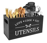 Kitchen Utensils Holder, Kitchen Cooking Utensil Organizer with 4 Compartment and Drainage Bottom, Farmhouse Utensil Organiser Cutlery Caddy , Wooden Cooking Tools Storage for Countertop (Black)