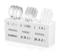 Kitchen Utensils Holder, Rustic Wooden Cooking Utensil Organizer with 3 Compartment Silverware Flatware Organizer, Farmhouse Utensil Caddy, Cooking Tools Storage(White)