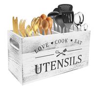 Kitchen Utensils Holder,Wooden Utensil Holder Kitchen Cooking Cutlery Caddy with 4 Compartment & Drainage Bottom,Silverware Flatware Organizer Farmhouse Cooking Tools Storage for Countertop(White)