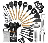Kitchen Utensils Set, 34PCS Silicone Cooking Utensil Set, Wooden Handles Kitchen Tools & Gadgets, Cooking Utensils Set, Spatula Set, Silicone Spatula, Pizza Cutter, Utensil Holder and Measuring Spoons