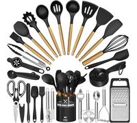 Kitchen Utensils Set - 34PCS Silicone Cooking Utensils with Holder, Heat Resistant, Nonstick Cookware Tongs Spatula Spoon Set, Wooden Handles Kitchen Tools & Gadgets (Black)