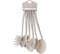 Kitchen Utensils Set 6 Pcs 30cm Non-Stick Cooking Slotted Spoons Turners Spatula Soup Ladle Pasta Fork & Spaghetti Serving Spoon Set Dishwasher Safe Kitchen Tools (Cream)