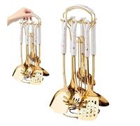 Kitchen Utensils Set 7Pcs Stainless Steel Gold Cooking Utensils with Holder Hanging Kitchenware Kit Include Spatula Ladle Pasta Spoon Dishwasher Safe