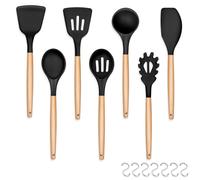 Kitchen Utensils Set, HaWare 7 Pcs Silicone Cooking Utensils with Wooden Handle, Includes Spatula/Ladle/Slotted Turner/Serving Spoon/Pasta Server, Non-Stick Cookware Friendly & Heat Resistant-Black