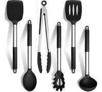 Kitchen Utensils Set, Premium Quality 6-Piece Silicone Cooking Utensil Set, Heat Resistant Stainless Steel Handle Cooking Tools, Food Grade Silicone| Kitchen Gadgets and Tools (6PC) (Black)