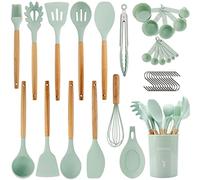 Kitchen Utensils Set, QMVESS 35 Pcs Non-Stick Silicone Cooking Utensils Set with Holder, Sturdy Wooden Handle, Heat Resistance Silicone Spatula Spoon Kitchen Gadgets Utensils Set (Light Green)