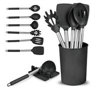 Kitchen Utensils Set with Holder & Drip Pad | Silicone Cooking Utensil 8pc Set | Silicone Spatula, Spoon, Spaghetti Server, Ladle | Scratch Proof Non-Stick Kitchen Gadgets & Tools