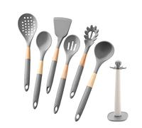 Kitchen Utensils Set - Wood 40x14.5x14.5cm 7pcs | Silicone Kitchen Utensil with Stand | Heat Resistant Cooking Tools | Non Stick Spatula Ladle Turner Set | Dishwasher Safe Accessories for Home