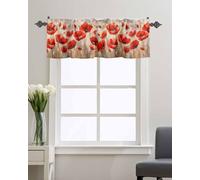 Kitchen Valances for Windows,Red Poppy Vintage Flowers Valance Curtain Rod Pocket Drape Window Valance,Spring Floral Retro Oil Painting Art Short Curtains Window Topper for Bedroom Bathroom 54x18in
