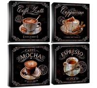 Kitchen Wall Art Coffee Wall Art Vintage Brown Black Cafe Pictures Dining Room Bar Wall Decor Bean Modern Artwork Canvas Coffee Shop Sign Painting Family Restaurant Fireplace Home Decoration 12x12" 4P