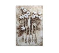 Kitchen Wall Art Knife Fork Spoon Canvas Pictures Rustic Cotton Flower Poster Prints Kitchenware Artwork Vintage Still Life Paintings for Dining Room Decor 12x18inch(30x45cm)
