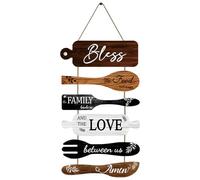 Kitchen Wall Decor, Rustic Home Wall Decor Sign, Bless the Food Cookware Shaped Hanging Signs for Home Dining Living Room