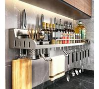 Kitchen Wall Mounted Organizer 50cm Multifunctional Utensil Holder with 2 Chopstick Holders (Drip Tray), 4 Knife Slots, Towel Bar, 10 Hooks, Anti-Fall Lip - No Drill/Drill Options, 15kg Capacity