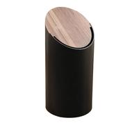 Kitchen Waste Bin Round Plastic Trash Can with Wooden Lid, 9 Liter/ 2.3 Gallon Swing Top Trash Can, Small Modern Waste Basket for Living Room, Bedroom, Office Garbage can(Black)