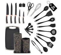 Kitchen Zen 25-Piece Kitchen Utensil and Knife Block Set, Accessories, Stainless Steel Knives, Silicone Utensils & Spatula Set, Whisk, Scissors, Chopping Board and Storage Container, Black