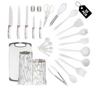 Kitchen Zen 25-Piece Kitchen Utensil and Knife Block Set, Accessories, Stainless Steel Knives, Silicone Utensils & Spatula Set, Whisk, Scissors, Chopping Board and Storage Container, White