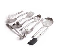 KitchenAid 9pc Kitchen Utensil Set Stainless Steel w/ Slotted Spoon, Turner, Cooking Spoon, Ladle, Pasta Server, Strainer, Fish Slice, Whisk & KitchenAid Silver