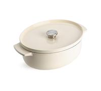 KitchenAid Cast Iron Ø30cm/5.6L Oval Casserole with Lid,High-Quality,Robust & Durable,Searing,Browning or Frying,PFAS-Free Enamel Interior,Induction,Ergonomic Handle,Oven Safe up to 260°C,Almond Cream
