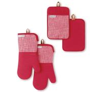 KitchenAid Chambray 4 Pack Pot Holder and Mini Oven Gloves Mitt Set Heat Resistent Non-Slip Silicone Grips 100% Cotton (RED)