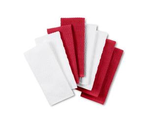 KitchenAid Cotton Classics Antimicrobial Solid Textured Kitchen Towels, 8 Pack, Absorbent, 100% Cotton, Passion Red, White, 17 x 28 Inches