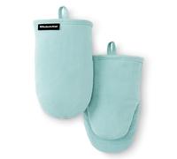 KITCHENAID Gourmet Series Gridlines Mini Oven Mitts 2-Pack Set, Heat Resistant up to 600°F, Soft Silicone Grip, Magnetic Cuff, Mineral Water Aqua, 5.5"x9"