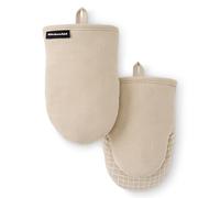KITCHENAID Gourmet Series Gridlines Mini Oven Mitts 2-Pack Set, Heat Resistant up to 600°F, Soft Silicone Grip, Magnetic Cuff, Milkshake Tan, 5.5"x9"