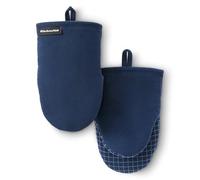 KITCHENAID Gourmet Series Gridlines Mini Oven Mitts 2-Pack Set, Heat Resistant up to 600°F, Soft Silicone Grip, Magnetic Cuff, Ink Blue, 5.5"x9"