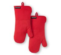 KITCHENAID Gourmet Series Gridlines Oven Mitts 2-Pack Set, Heat Resistant up to 600°F, Soft Silicone Grip, Magnetic Cuff, Passion Red, 7"x14"