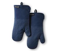 KITCHENAID Gourmet Series Gridlines Oven Mitts 2-Pack Set, Heat Resistant up to 600°F, Soft Silicone Grip, Magnetic Cuff, Ink Blue, 7"x14"