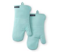KITCHENAID Gourmet Series Gridlines Oven Mitts 2-Pack Set, Heat Resistant up to 600°F, Soft Silicone Grip, Magnetic Cuff, Mineral Water Aqua, 7"x14"