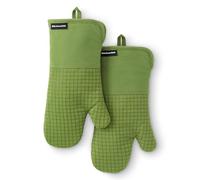 KITCHENAID Gourmet Series Gridlines Oven Mitts 2-Pack Set, Heat Resistant up to 600°F, Soft Silicone Grip, Magnetic Cuff, Matcha Green, 7"x14"